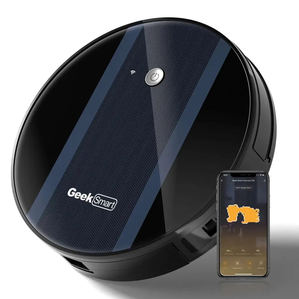 Black and navy blue geek smart robot vacuum with sleek textured surface and silver power button features strong suction