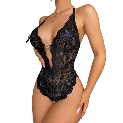 Generic Women deep v lingerie lace teddy one piece suit bodysuit (Black XL) X - Large - Royalessencelux