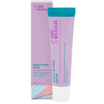 A lavender gentle retinol cream tube with teal cap and matching box to promote clear skin and fine lines care