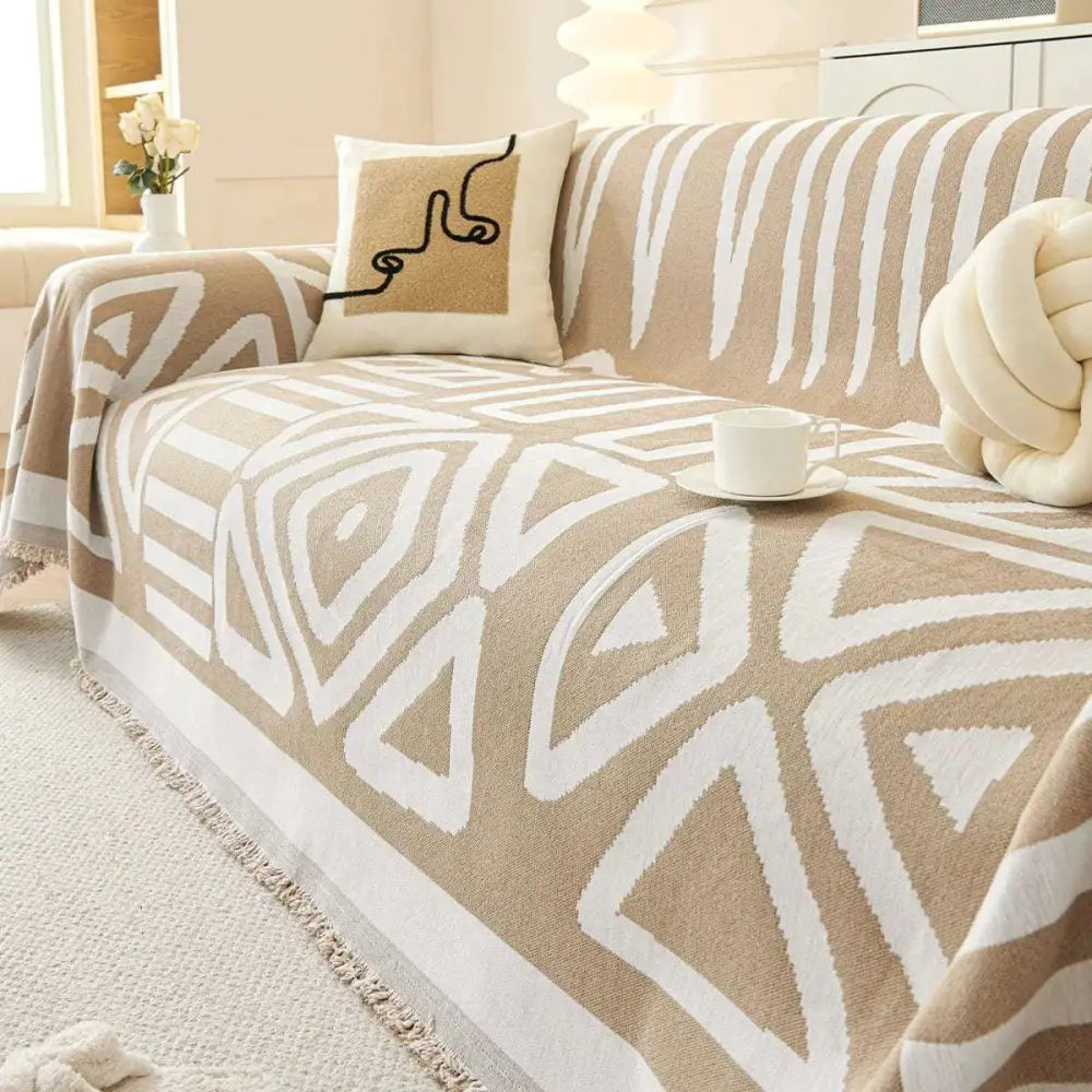 Beige and white geometric black chenille sofa cover with fringed edges for white chenille sofa protection