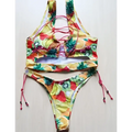 A vibrant tropical fruit-print geometric halter swimwear thong bikini with lace-up front and adjustable ties for big boob women