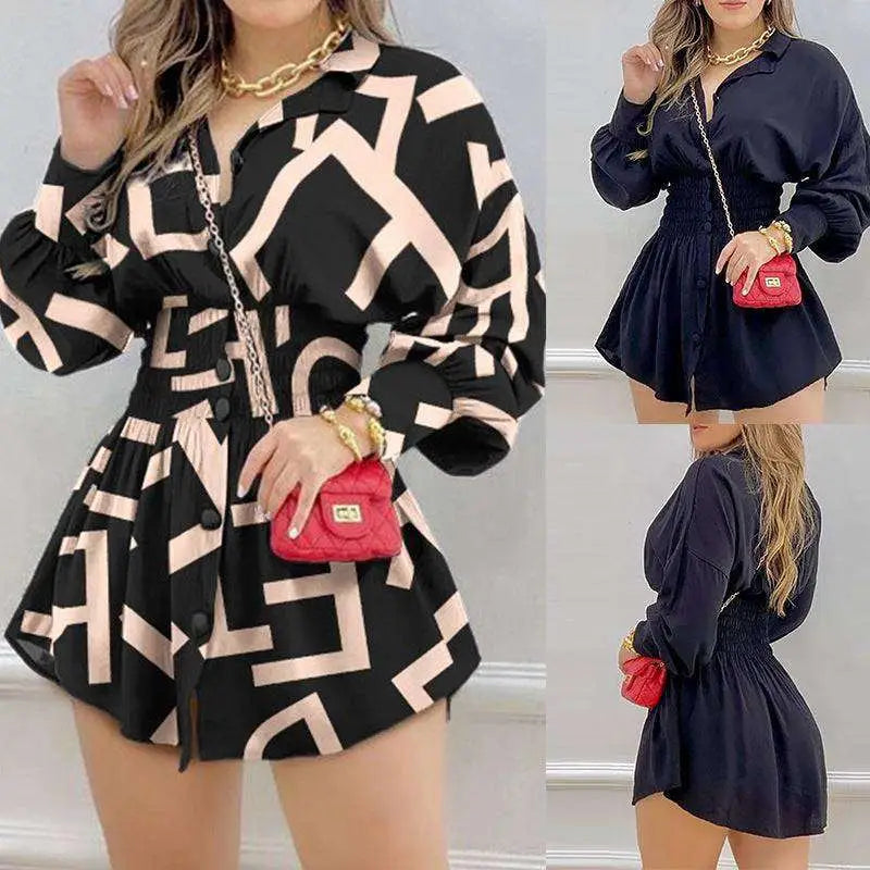 Geometric luxury women’s fashion long sleeve dress in black and beige with button front and flared skirt design