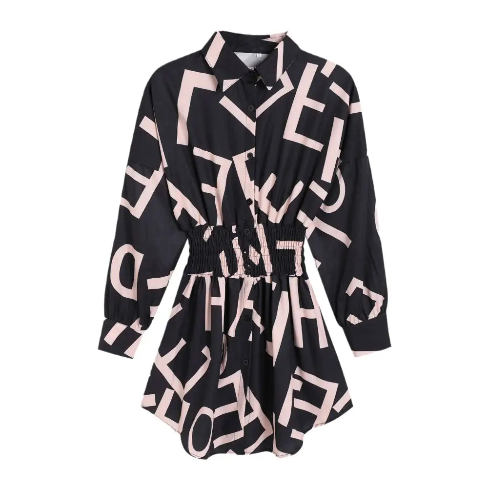 Geometric luxury women’s fashion long sleeve shirt dress in black and blush pink with a cinched waist detail