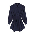 Navy blue geometric luxury women’s fashion long sleeve dress with button-up front and gathered waistband