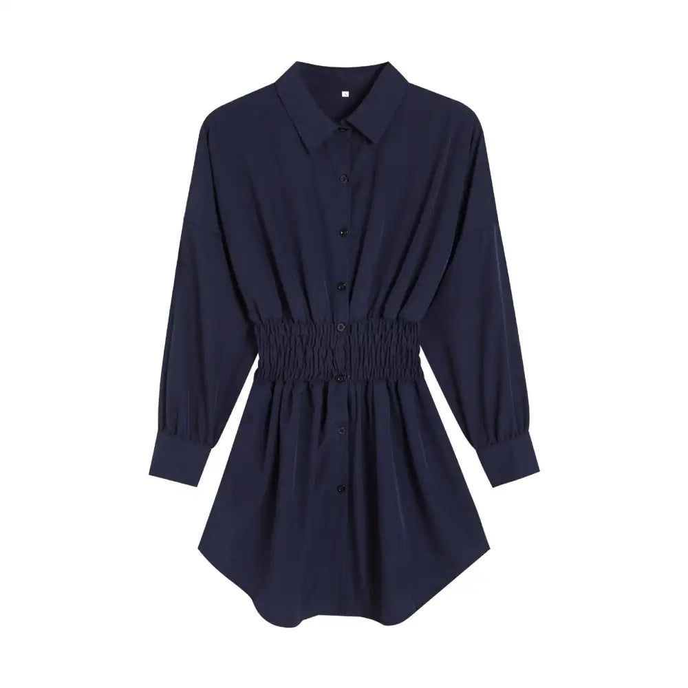 Navy blue geometric luxury women’s fashion long sleeve dress with button-up front and gathered waistband