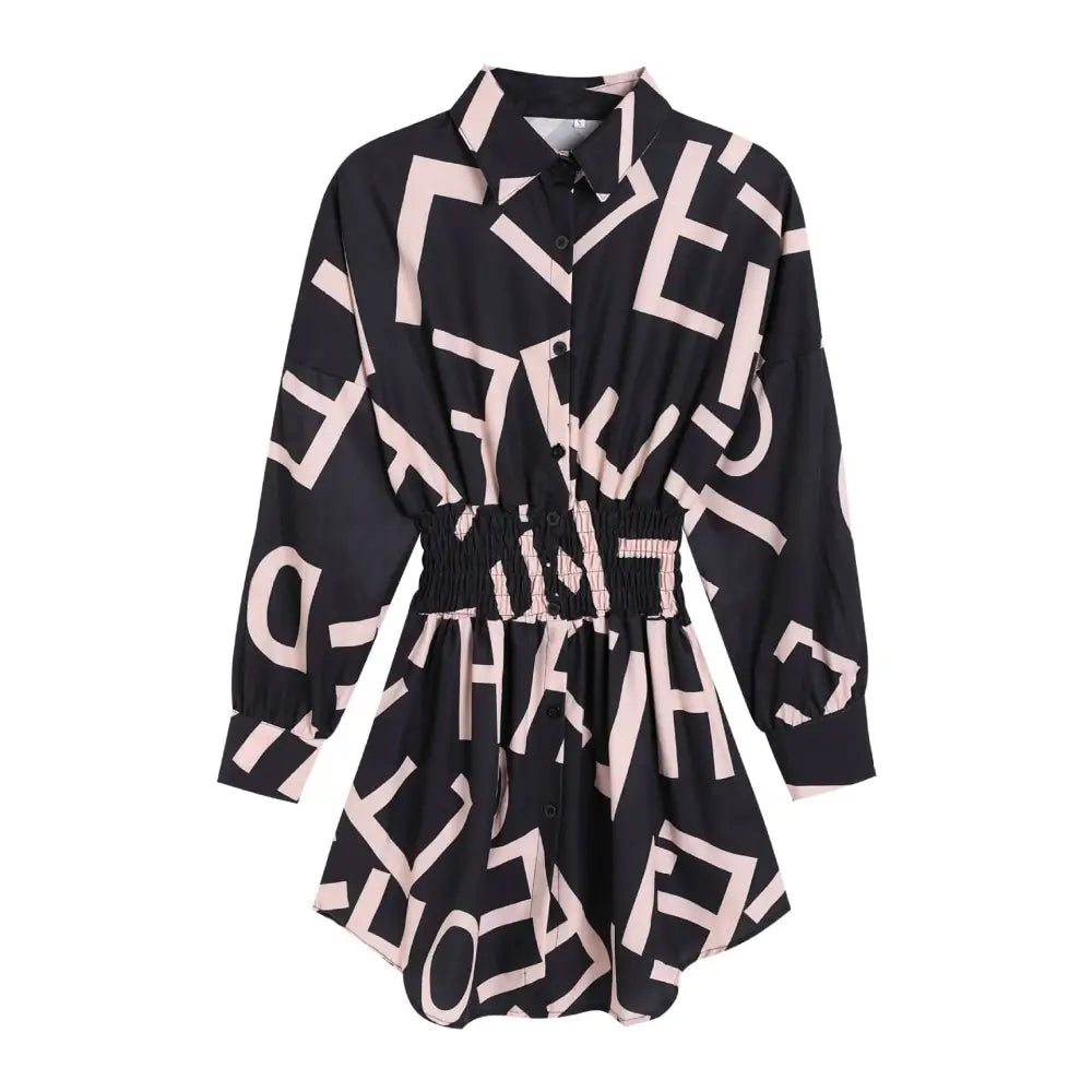 Black and blush pink geometric luxury women’s fashion long sleeve dress with cinched waist detail