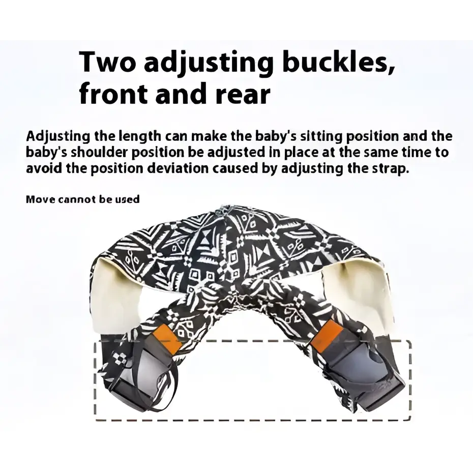 Geometric patterned black and white baby sling carrier with adjustable front and rear buckles for secure carrying
