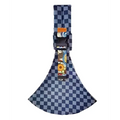 Geometric patterned black and white baby sling carrier with blue and white checkered fabric axe and colorful strap