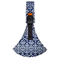 Blue and white geometric patterned baby sling carrier with black adjustable straps offers comfort and style