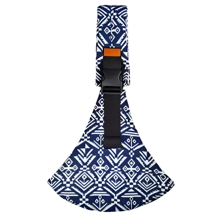 Blue and white geometric patterned baby sling carrier with black adjustable straps offers comfort and style