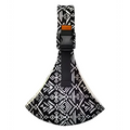Black and white geometric patterned baby sling carrier with a black adjustable strap and orange buckle for secure use
