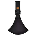 Black fabric axe sheath with black plastic buckle and orange label shown with geometric patterned baby sling carrier
