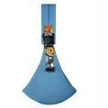 Blue fabric dog collar with colorful patterned buckle and adjustable strap shown with geometric patterned baby sling carrier