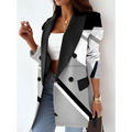 Black and gray geometric patterned fashionable clothing blazer with contrasting black lapels and buttons