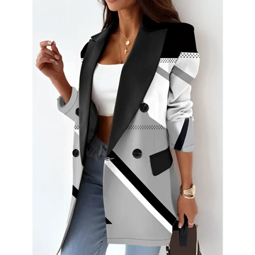 Black and gray geometric patterned fashionable clothing blazer with contrasting black lapels and buttons