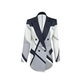 A modern double-breasted geometric patterned fashionable clothing blazer in black white and gray with black lapels and buttons