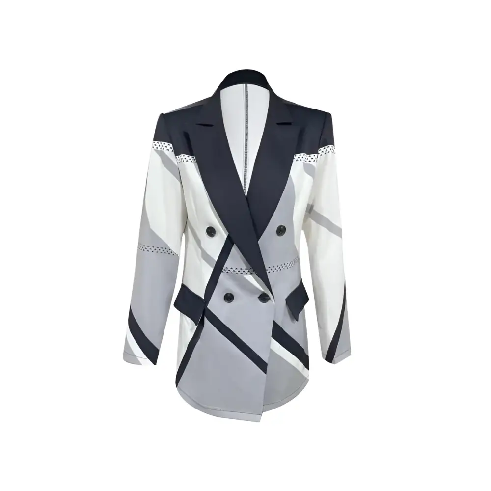 A modern double-breasted geometric patterned fashionable clothing blazer in black white and gray with black lapels and buttons
