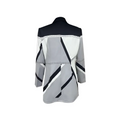 A geometric patterned fashionable clothing blazer in black white and gray with subtle perforated detailing along seams