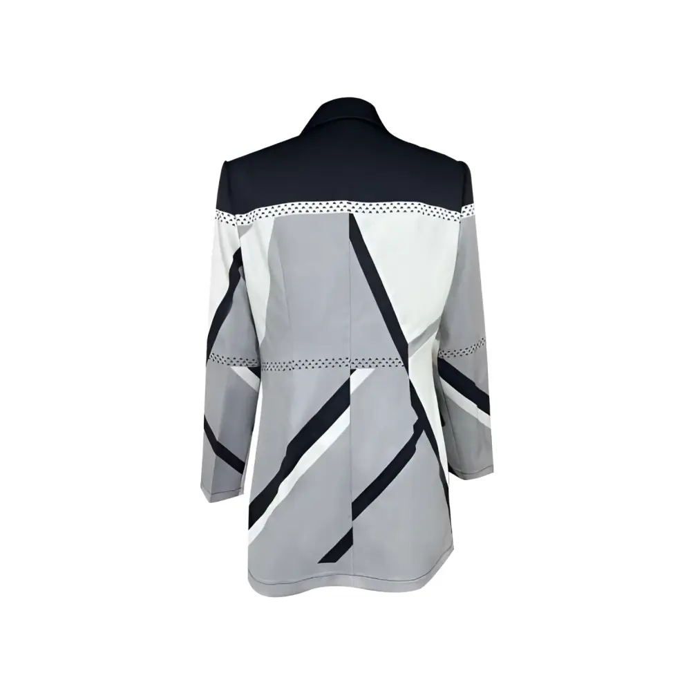 A geometric patterned fashionable clothing blazer in black white and gray with subtle perforated detailing along seams
