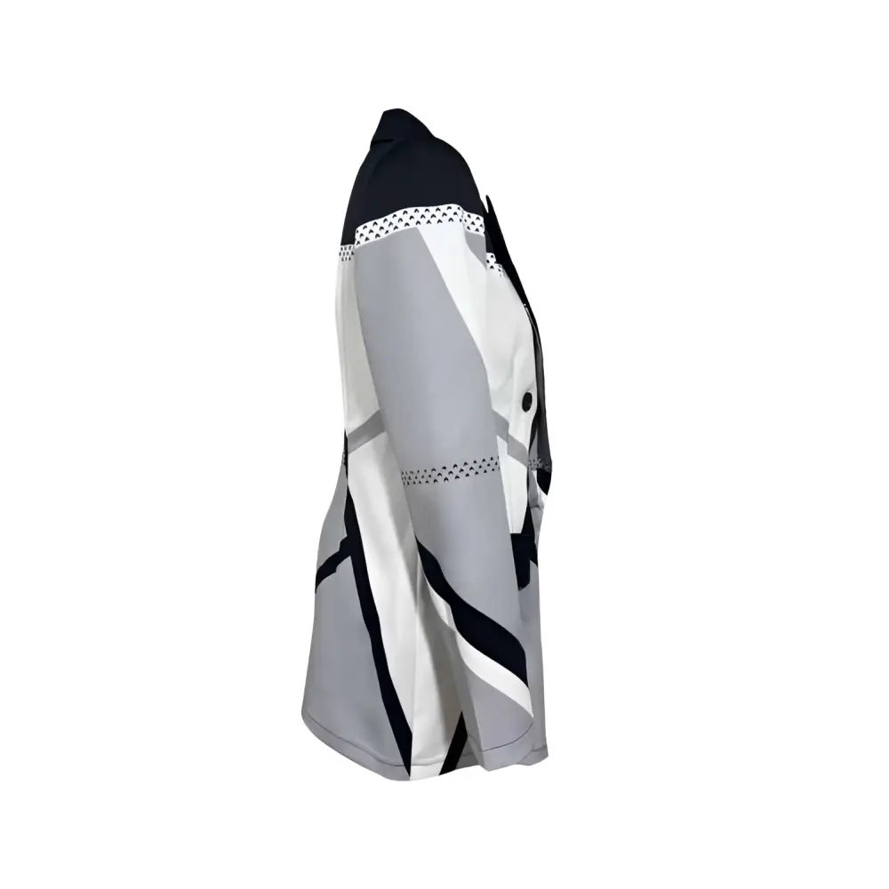 Black and gray geometric patterned fashionable clothing blazer with contrasting black lapels and buttons