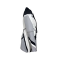 A stylish gray white and black geometric patterned fashionable clothing blazer with perforated detailing along seams