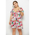 A vibrant multicolored floral printed deep v-neck dress with short flutter sleeves and elastic waist detailing