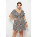 Black and white geometric printed deep v-neck short-sleeved dress with tied elastic waist for casual wear