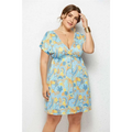 A light blue and yellow geometric printed deep v-neck elastic waist dress with short sleeves and matching belt