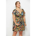 A vibrant short-sleeved geometric printed deep v-neck elastic waist dress with multicolored abstract leaf pattern on black fabric