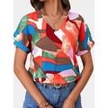 Vibrant geometric-patterned women’s clothing printed v-neck top in red blue green and brown tones with short sleeves