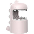 Pastel pink smooth plastic dinosaur mosquito lamp with white teeth and gray interior ridges as mosquito storage box