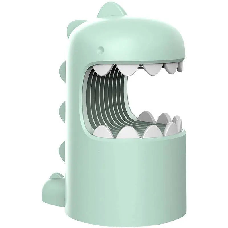 A mint green smooth plastic dinosaur mosquito lamp shaped like a trash can with white teeth and a small tail