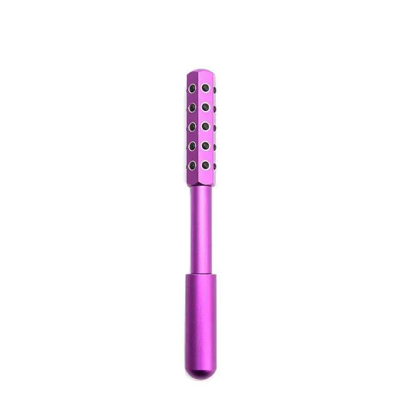 Purple metallic germanium beauty roller with hexagonal head and black indentations for facial massage and roller massage stick use