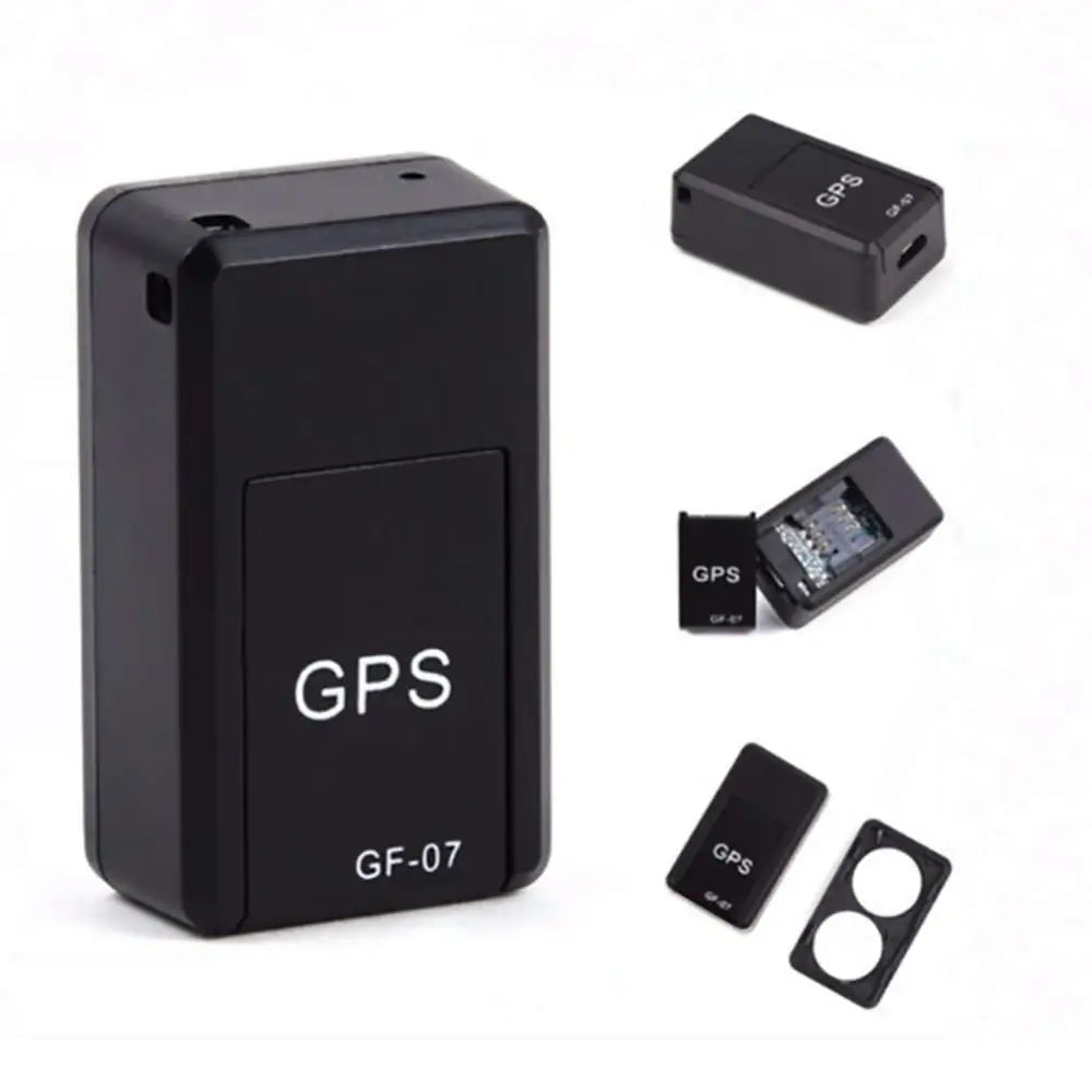 Black rectangular gf07 real time magnetic mini gps tracker with matte finish and white lettering on its surface