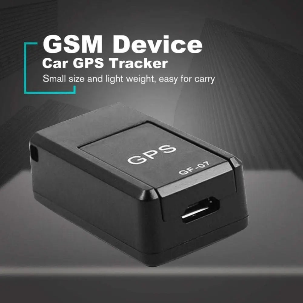 Black rectangular gf07 real time magnetic mini gps tracker with gps and gf-07 printed in white on its surface