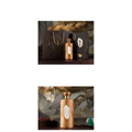 Golden textured wood grain bottle with gold cap and oval white label in a gilded liquor gift box set