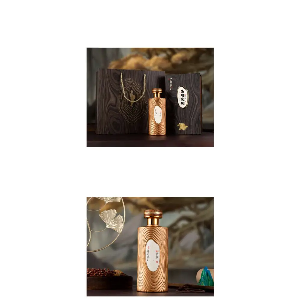 Golden textured wood grain bottle with gold cap and oval white label in a gilded liquor gift box set