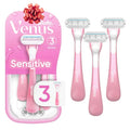Gillette Venus Sensitive 3 blade disposable razors with pink handles white accents designed for sensitive disposable use
