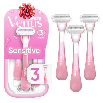 Gillette Venus Sensitive 3 blade disposable razors with pink handles white accents designed for sensitive disposable use