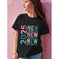 Black cotton girls 2025 new year print short sleeve t-shirt with colorful distressed graphic in pink teal and white letters