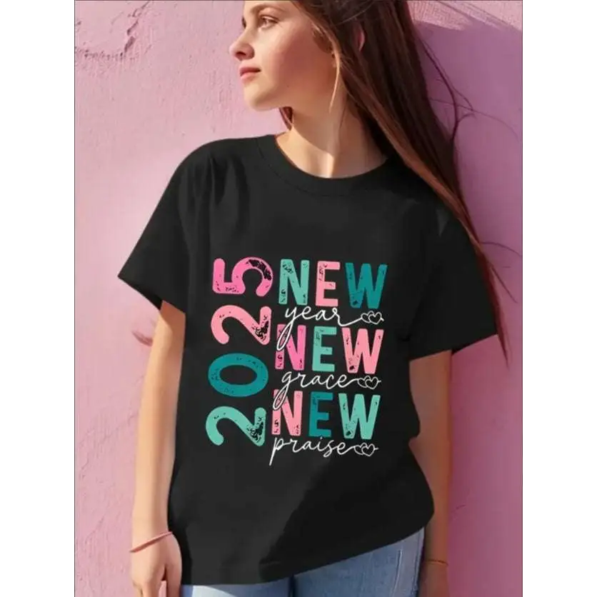 Black cotton girls 2025 new year print short sleeve t-shirt with colorful distressed graphic in pink teal and white letters