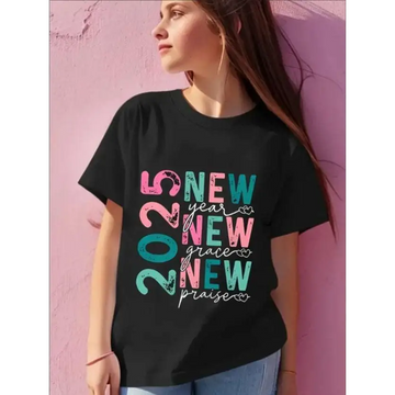 Girls 2025 new year print short cotton sleeve t-shirt in black with colorful distressed graphic lettering