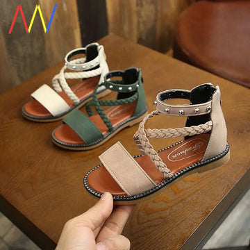 Girls braided beige braided beige sandals with silver studs and brown leather insole for stylish comfort