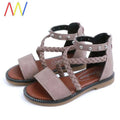 Girls braided beige suede sandals with braided straps and silver studs for comfortable everyday wear
