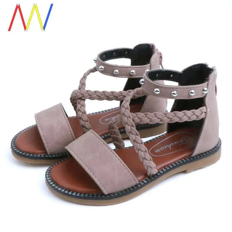 Girls braided beige suede sandals with braided straps and silver studs for comfortable everyday wear