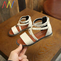 Girls braided beige sandals with white braided leather, silver studs, and brown insole for comfortable wear