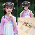 Delicate girls chinese style ancient costume floral hairpins with gold metalwork pink resin flowers green leaves pearls and crystals