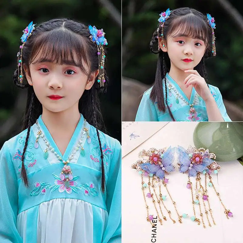 Delicate girls Chinese style ancient costume floral hairpins in soft blue and purple with gold chains beads and pearls