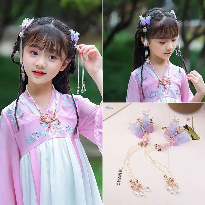 Pastel purple and gold butterfly floral hairpins with sheer fabric wings and crystal droplets for girls chinese style ancient costume