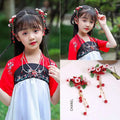 Red and white floral hairpin with dangling red beads on gold chains for girls Chinese style ancient costume